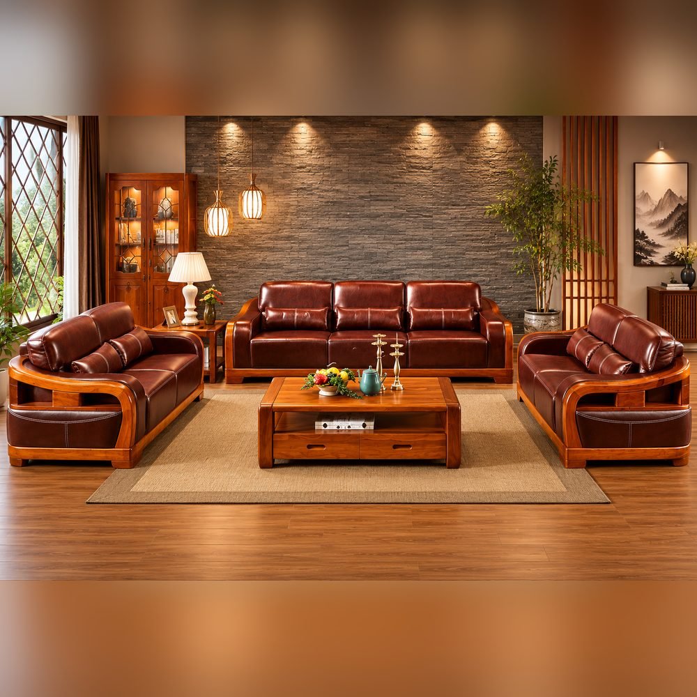 Maharana Teak Leather Sofa Set